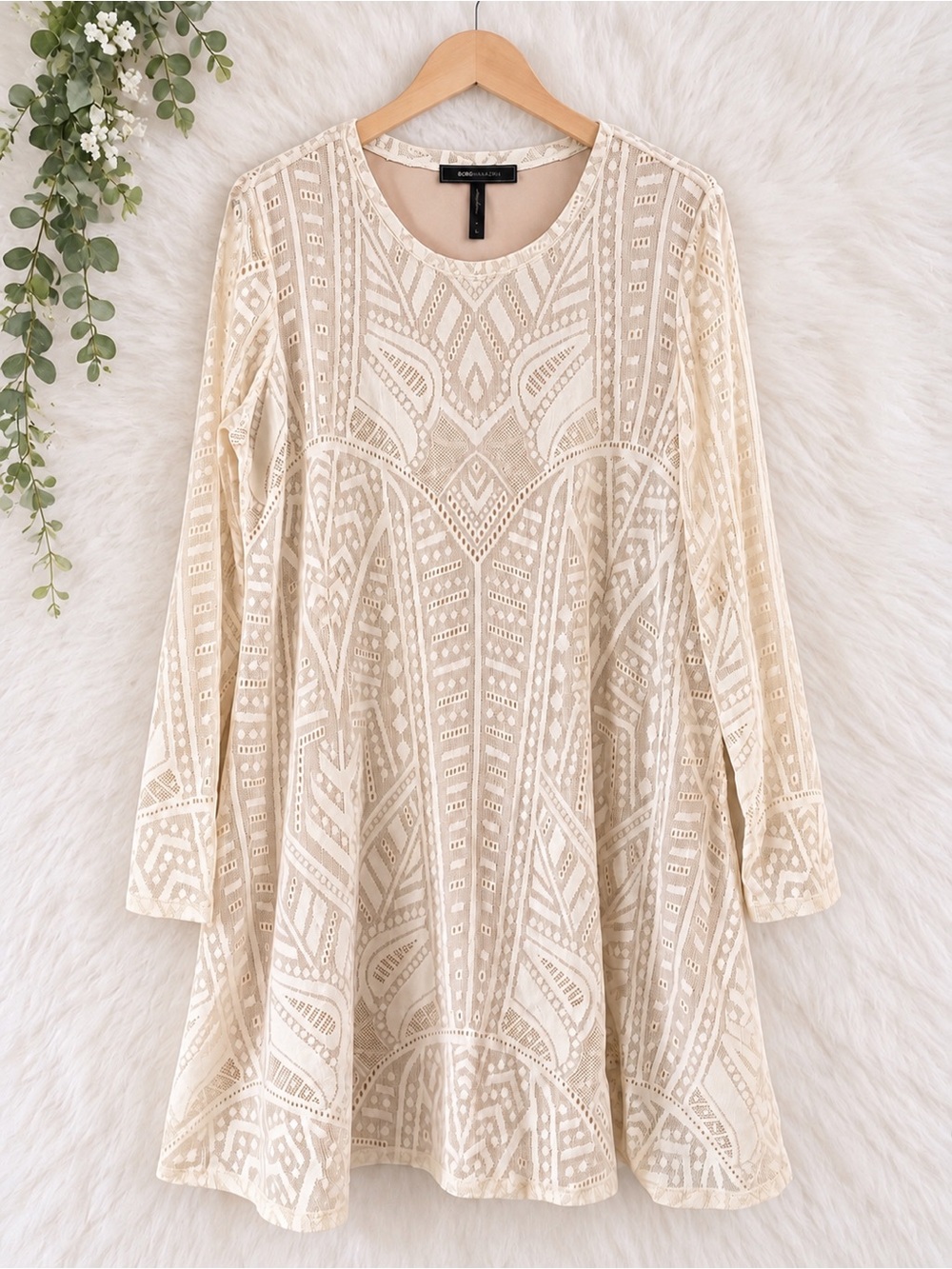 BCBGMAXAZRIA Natyly Cream Lace Long Sleeve Swing Dress L - Picture 2 of 7
